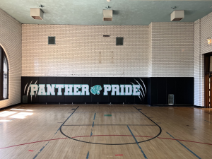 Custom black gym wall padding with Panther Pride lettering and teal panther mascot logo on a white brick wall.