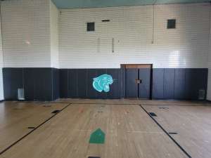 Black gym wall padding with custom cutouts and integrated padded door covers featuring a teal panther logo.Black gym wall padding with custom cutouts and integrated padded door covers featuring a teal panther logo.
